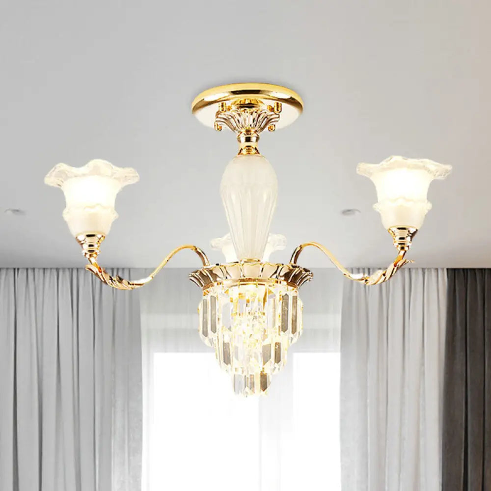 Modern Tapered Crystal Prism Chandelier With Ruffled Bell Frosted Glass Shade In Gold - Available