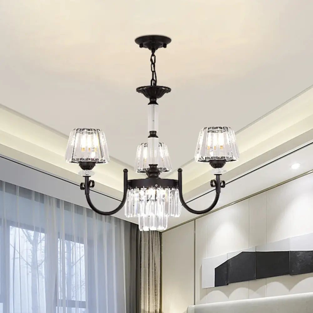 Modern Tapered Crystal Suspension Light With 3/6 Heads - Black Dining Room Chandelier Lamp 3 /