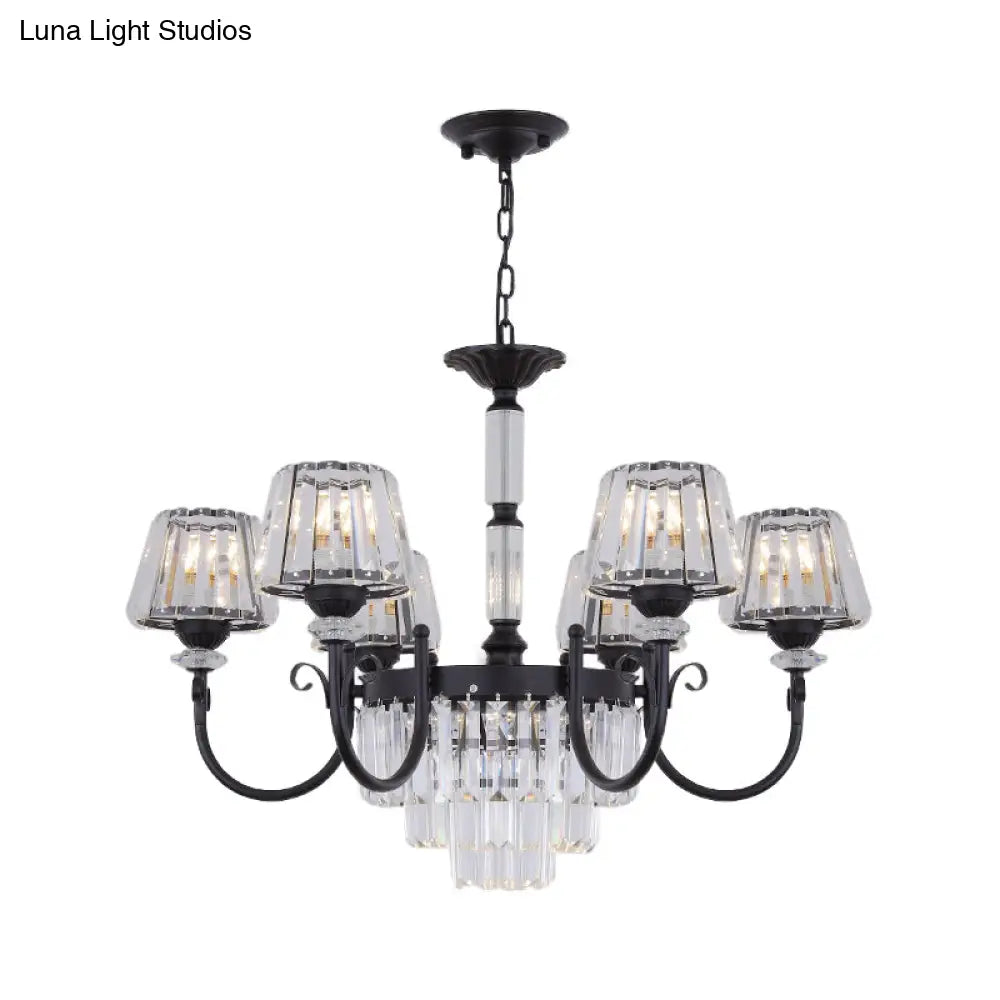 Modern Tapered Crystal Suspension Light With 3/6 Heads - Black Dining Room Chandelier Lamp