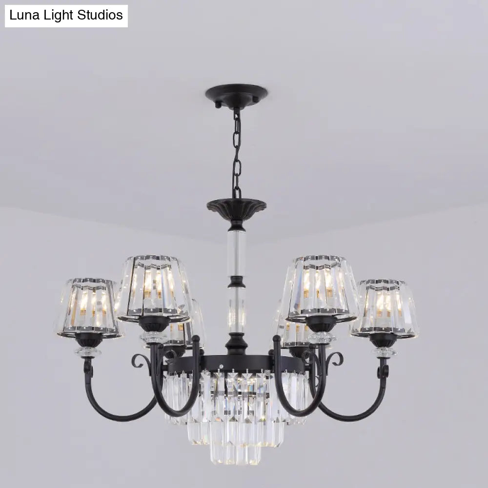 Modern Tapered Crystal Suspension Light With 3/6 Heads - Black Dining Room Chandelier Lamp