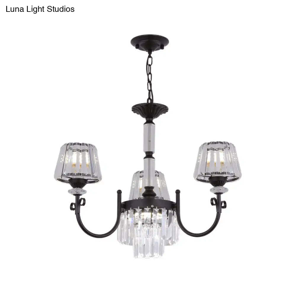 Modern Black Crystal Chandelier With Tapered Suspension - 3/6 Heads For Dining Room Lighting