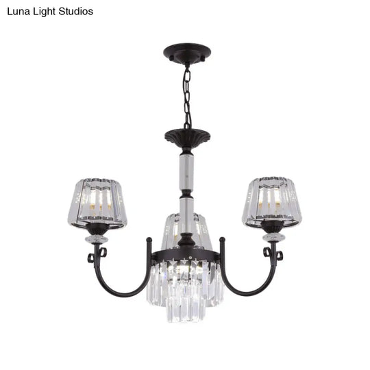 Modern Black Crystal Chandelier With Tapered Suspension - 3/6 Heads For Dining Room Lighting