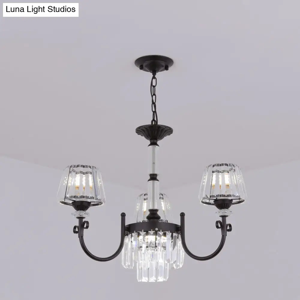 Modern Tapered Crystal Suspension Light With 3/6 Heads - Black Dining Room Chandelier Lamp