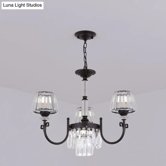 Modern Tapered Crystal Suspension Light With 3/6 Heads - Black Dining Room Chandelier Lamp