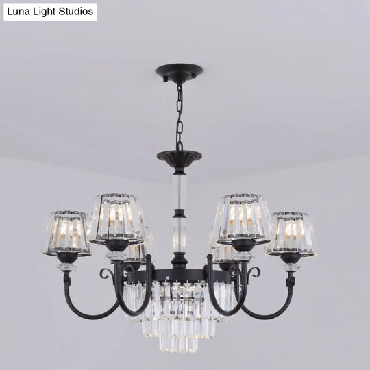 Modern Black Crystal Chandelier With Tapered Suspension - 3/6 Heads For Dining Room Lighting