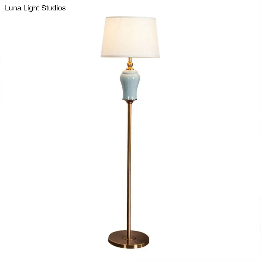 Modern Tapered Drum Floor Lamp In White - Elegant Fabric Shade 1 Bulb Ideal For Living Rooms