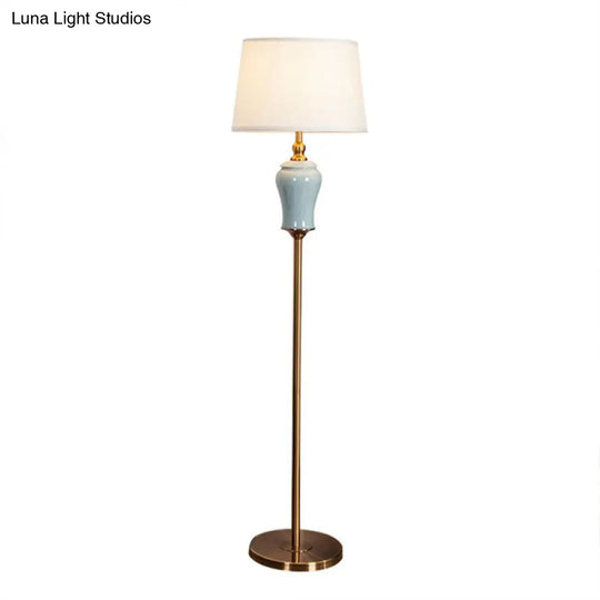 Modern Tapered Drum Floor Lamp In White - Elegant Fabric Shade 1 Bulb Ideal For Living Rooms