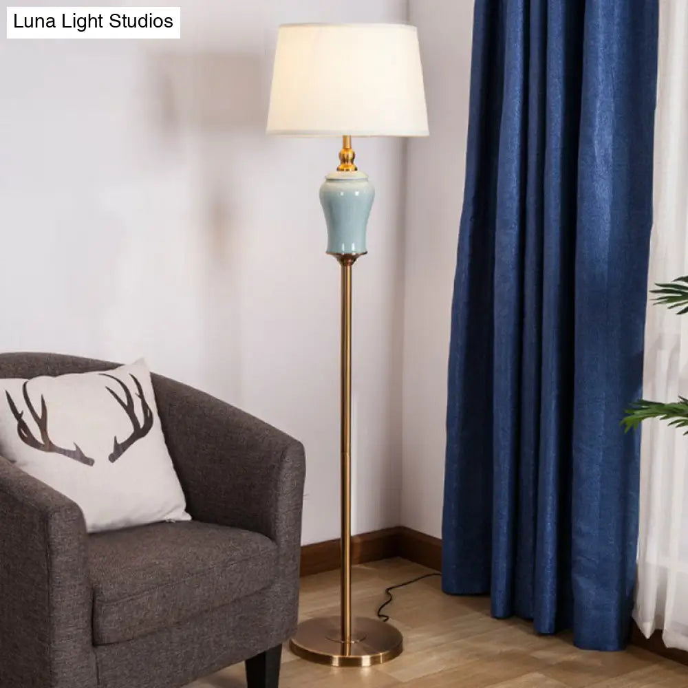 Modern Tapered Drum Floor Lamp In White - Elegant Fabric Shade 1 Bulb Ideal For Living Rooms