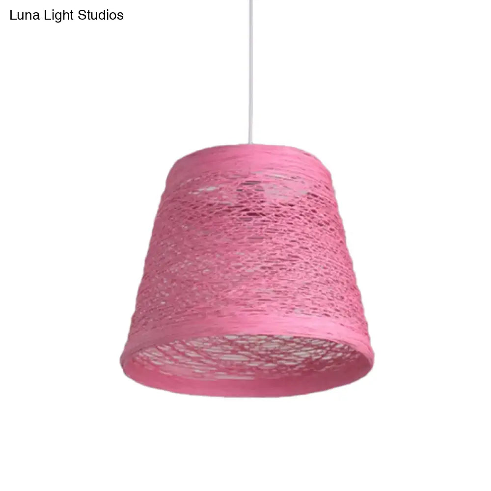 Modern Tapered Drum Rattan Pendant Lamp | Black/Red/Pink 1 Head Ceiling Hang Light For Dining Table