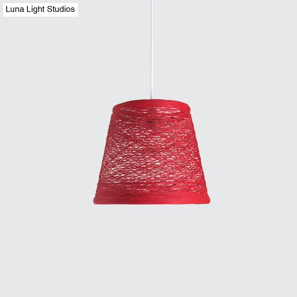 Modern Tapered Drum Rattan Pendant Lamp - Black/Red/Pink Ceiling Hang Light For Dining Table