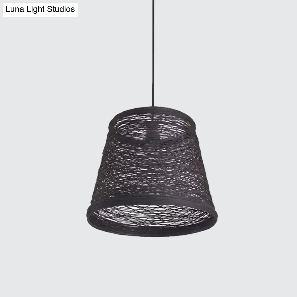 Modern Tapered Drum Rattan Pendant Lamp - Black/Red/Pink Ceiling Hang Light For Dining Table