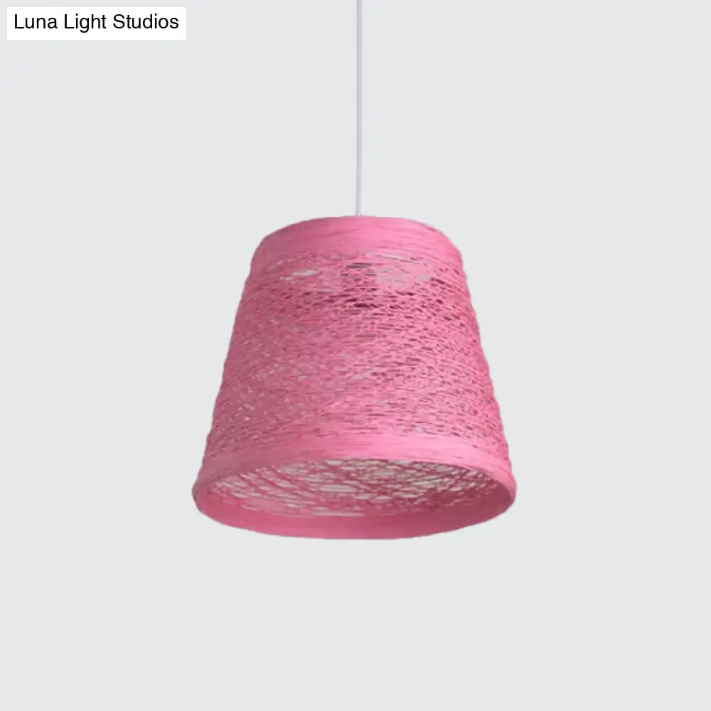 Modern Tapered Drum Rattan Pendant Lamp | Black/Red/Pink 1 Head Ceiling Hang Light For Dining Table