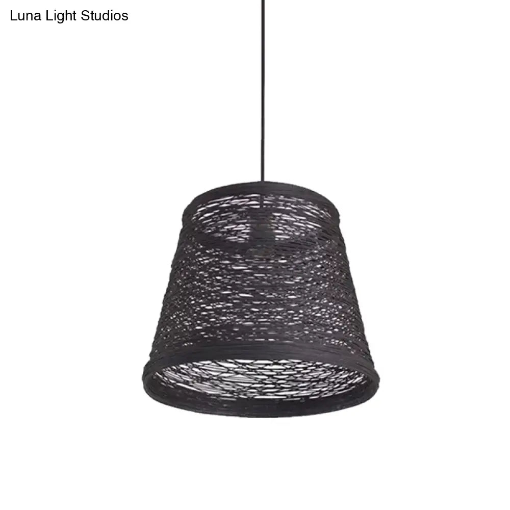 Modern Tapered Drum Rattan Pendant Lamp | Black/Red/Pink 1 Head Ceiling Hang Light For Dining Table