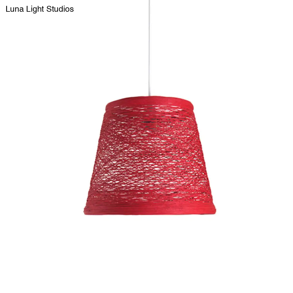 Modern Tapered Drum Rattan Pendant Lamp | Black/Red/Pink 1 Head Ceiling Hang Light For Dining Table