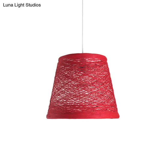 Modern Tapered Drum Rattan Pendant Lamp | Black/Red/Pink 1 Head Ceiling Hang Light For Dining Table