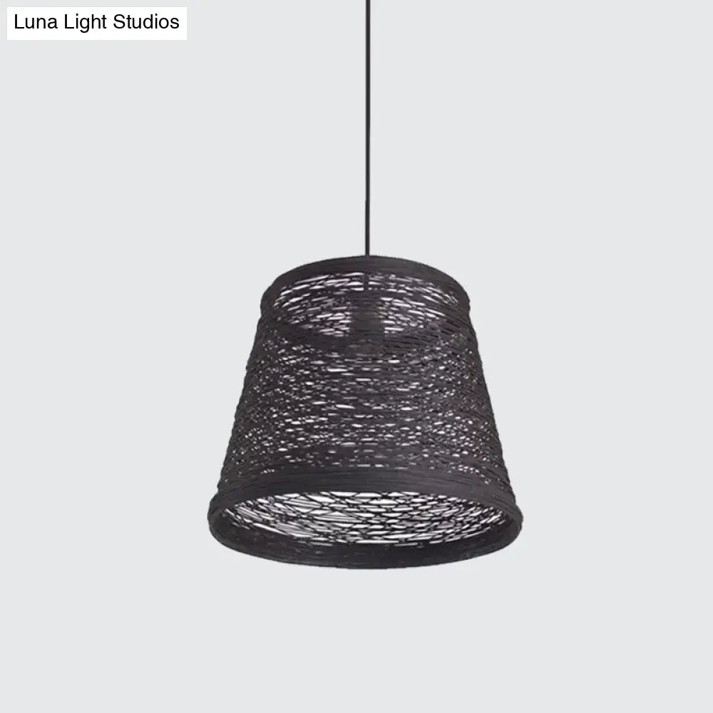 Modern Tapered Drum Rattan Pendant Lamp | Black/Red/Pink 1 Head Ceiling Hang Light For Dining Table