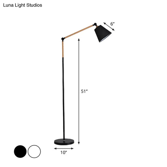 Modern Tapered Floor Reading Lamp - Nordic Design Swing Arm 1 Bulb Black/White & Wood