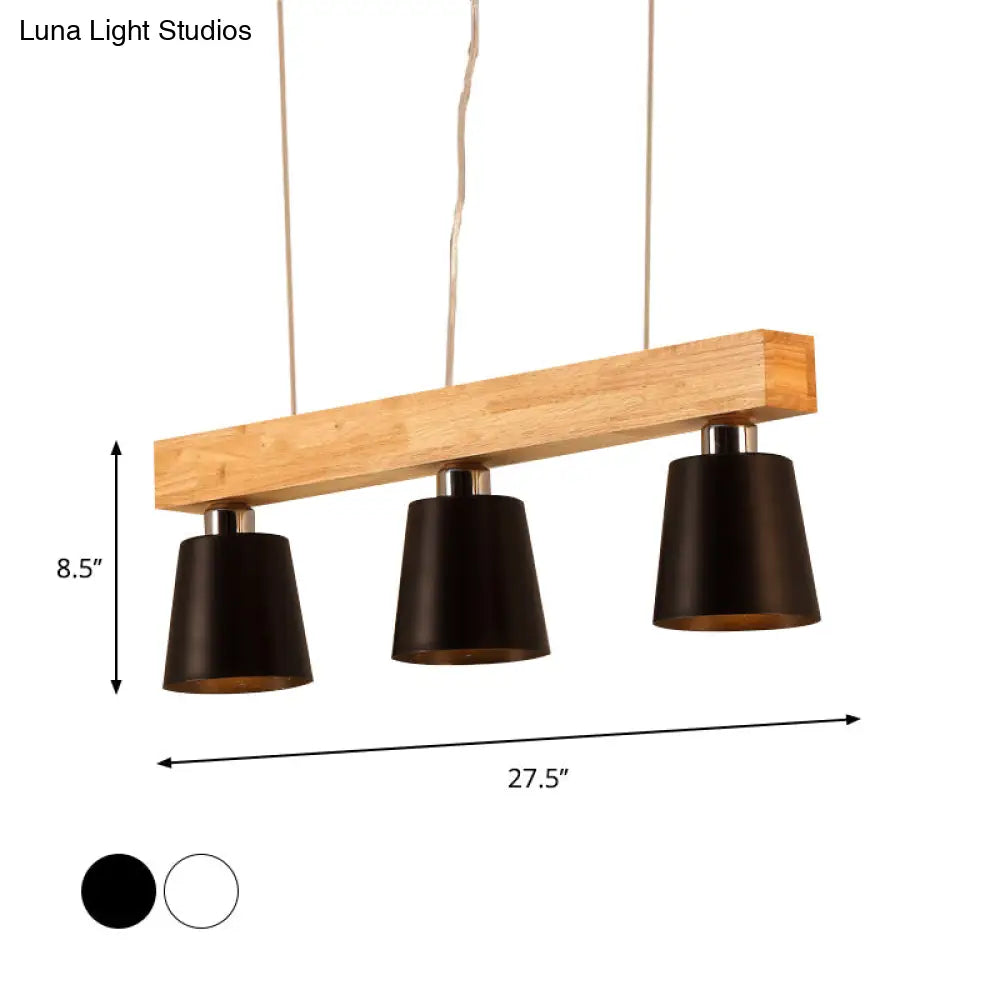 Modern Tapered Indoor Ceiling Light - 3 Heads Black/White Island Lighting With Wooden Beam