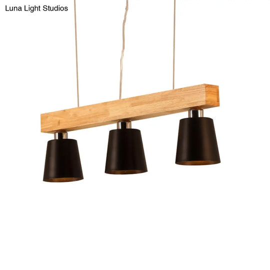 Modern Tapered Indoor Ceiling Light - 3 Heads Black/White Island Lighting With Wooden Beam