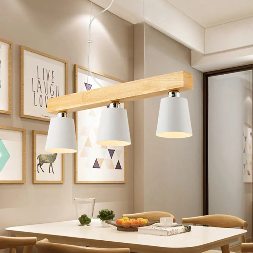 Modern Tapered Indoor Ceiling Light - 3 Heads Black/White Island Lighting With Wooden Beam White