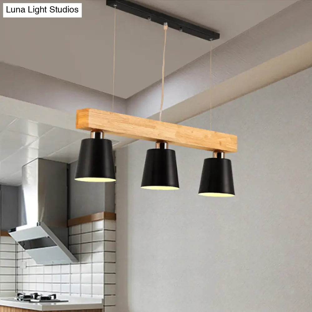 Modern Tapered Indoor Ceiling Light - 3 Heads Black/White Island Lighting With Wooden Beam