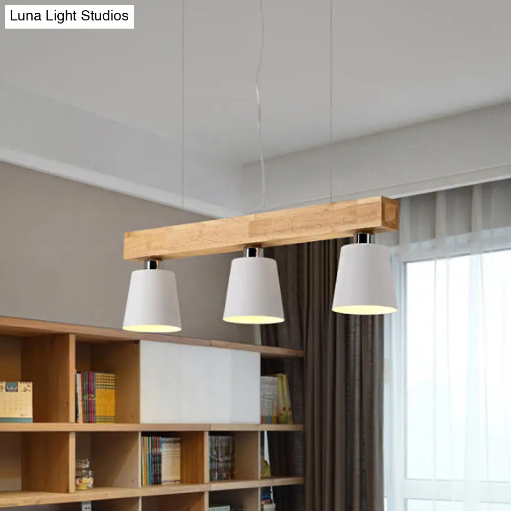 Modern Tapered Indoor Ceiling Light - 3 Heads Black/White Island Lighting With Wooden Beam