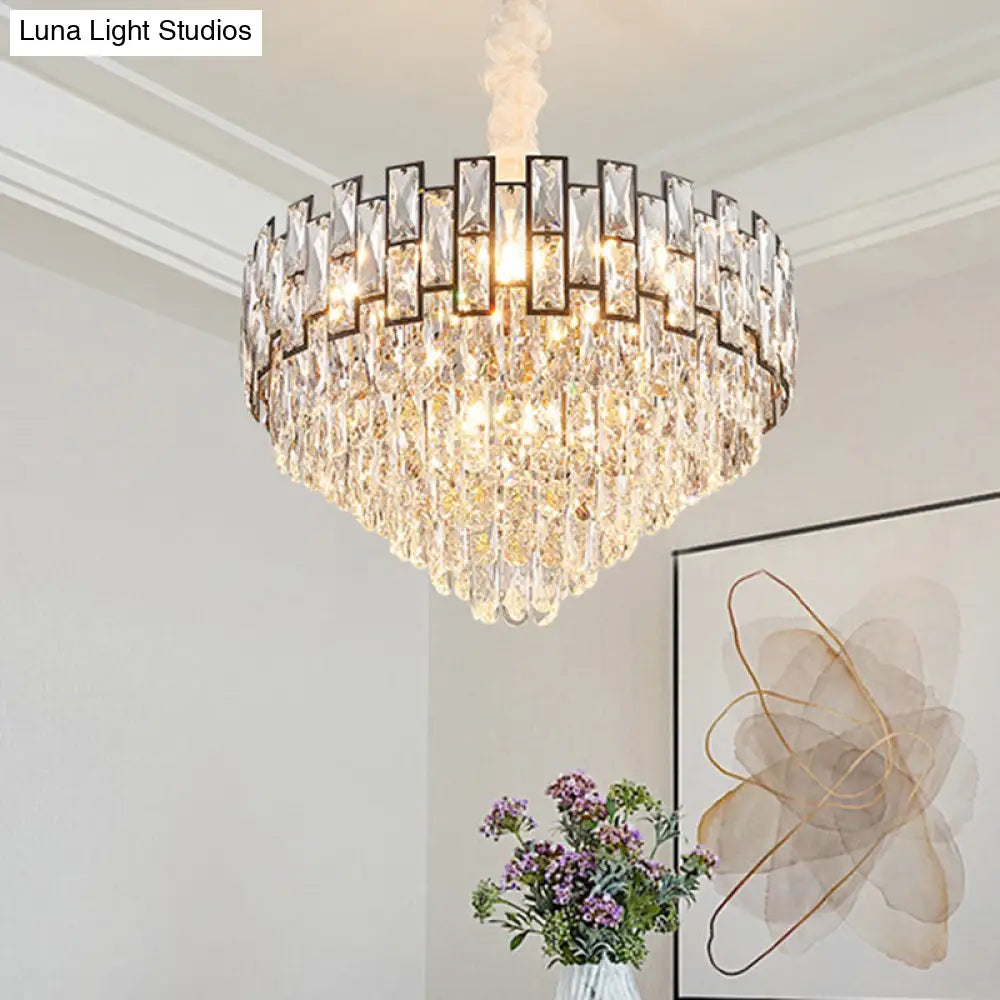 Wide Nickel Tapered Ceiling Chandelier With Crystal Block Accents - Modern 6/10 Heads Light