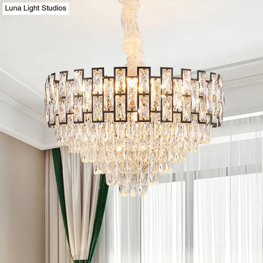 Wide Nickel Tapered Ceiling Chandelier With Crystal Block Accents - Modern 6/10 Heads Light