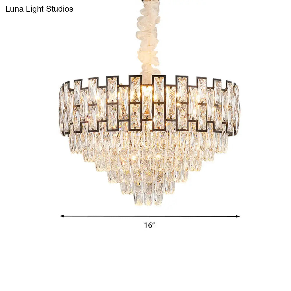 Wide Nickel Tapered Ceiling Chandelier With Crystal Block Accents - Modern 6/10 Heads Light