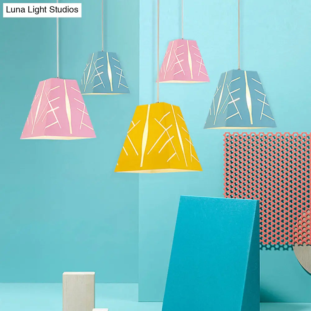 Modern Metal Pendant Ceiling Light - Pink/Yellow/Blue Tapered Hanging Lighting 1-Light