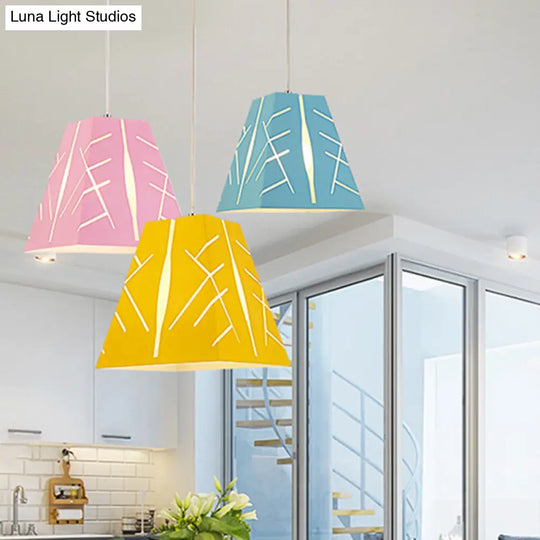 Modern Metal Pendant Ceiling Light - Pink/Yellow/Blue Tapered Hanging Lighting 1-Light