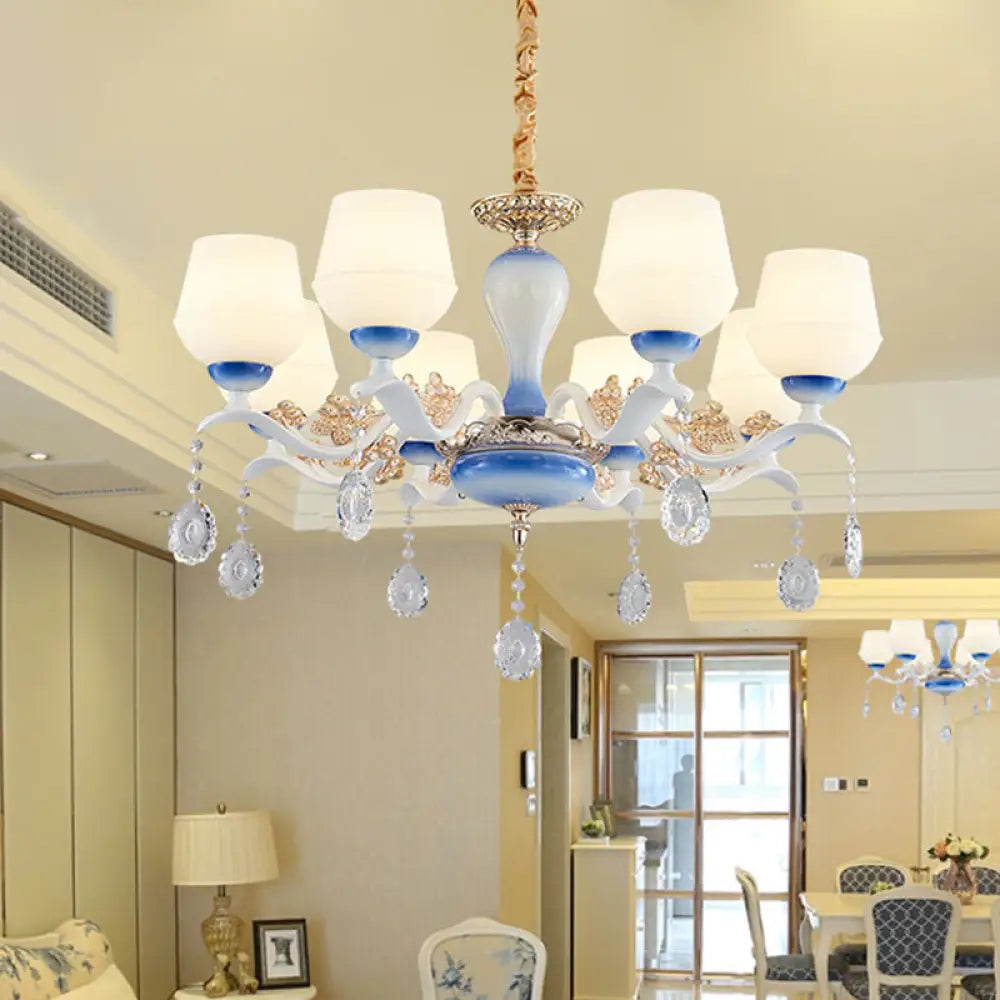 Modern Tapered Pendant Chandelier - 8 Bulbs Ivory Glass Crystal Suspension Light (Blue/White)