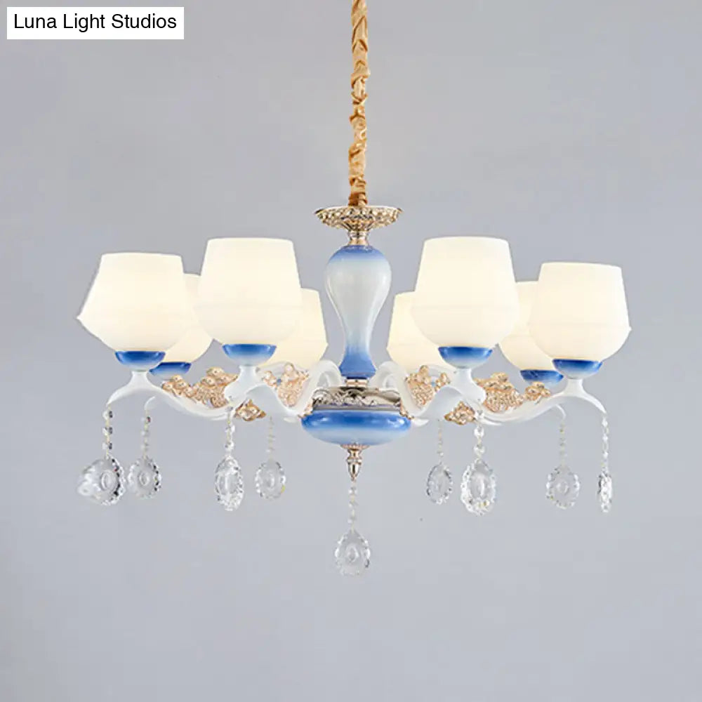 Modern Tapered Pendant Chandelier - 8 Bulbs Ivory Glass Crystal Suspension Light (Blue/White)