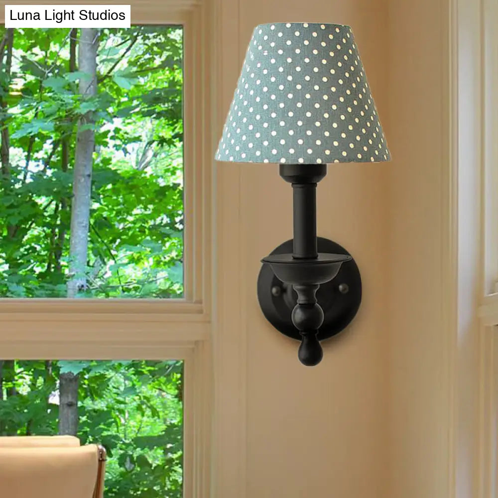 Modern Tapered Sconce Light With Dot Fabric Shade - Coffee/Blue