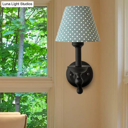 Modern Tapered Sconce Light With Dot Fabric Shade - Coffee/Blue