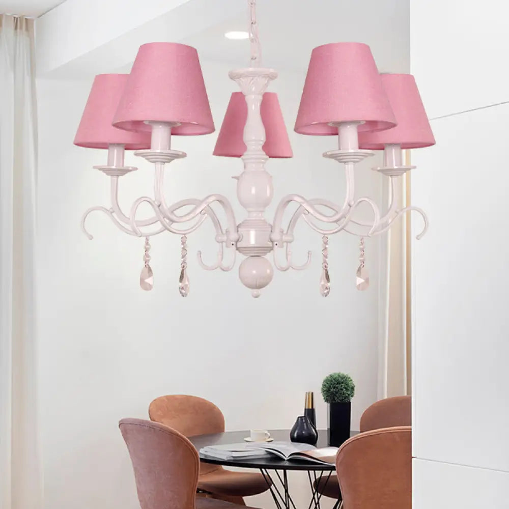 Modern Tapered Shade Baby Bedroom Chandelier With Crystal Accent - Metal Hanging Light 5 / Pink