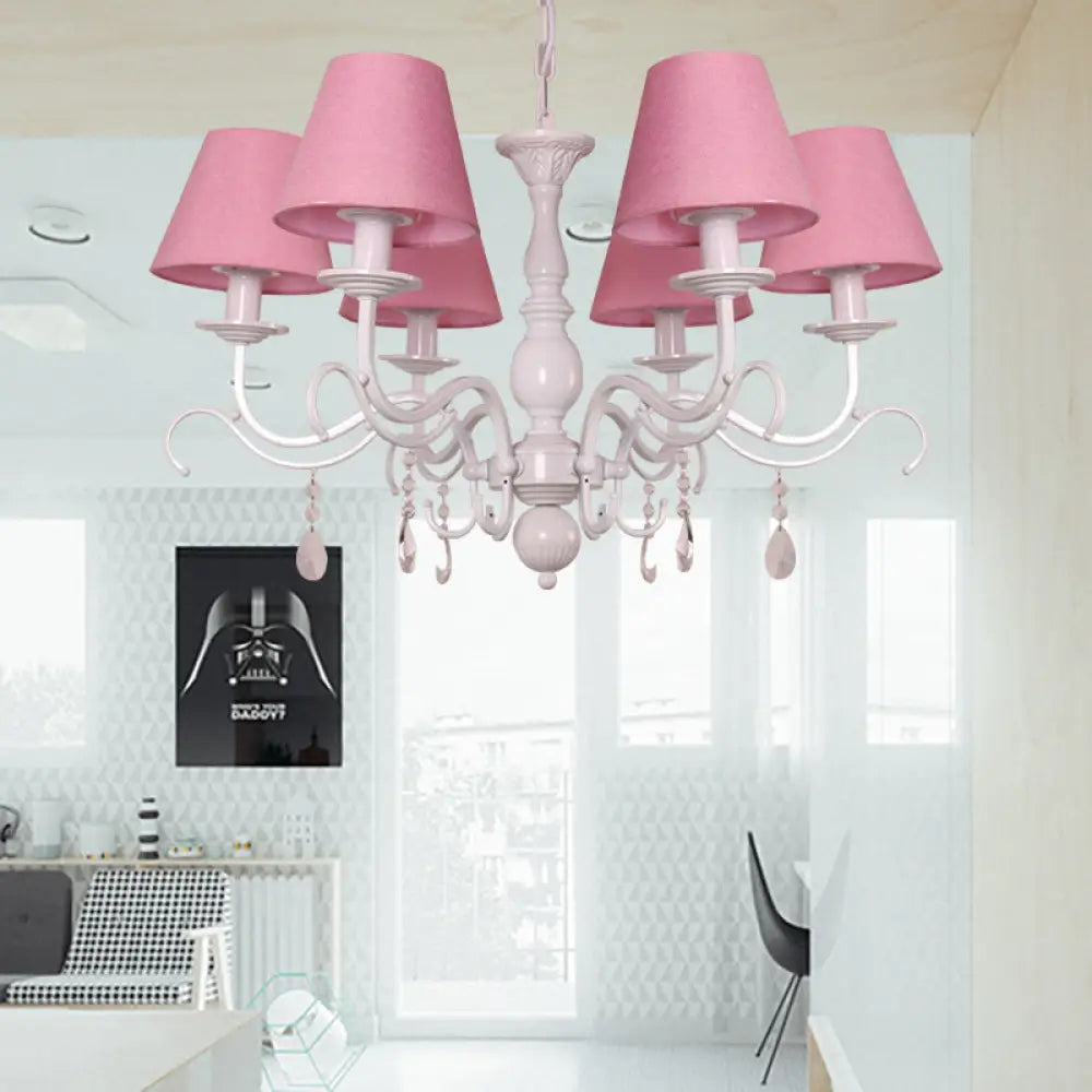 Modern Tapered Shade Baby Bedroom Chandelier With Crystal Accent - Metal Hanging Light 6 / Pink