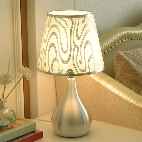 Modern Tapered Table Lamp - Single Nickel Nightstand Light With Stylish Fabric Shade