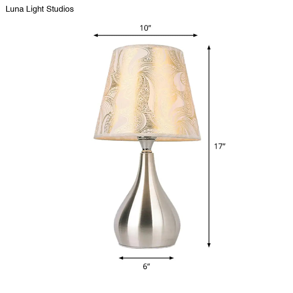 Modern Tapered Table Lamp - Single Nickel Nightstand Light With Stylish Fabric Shade