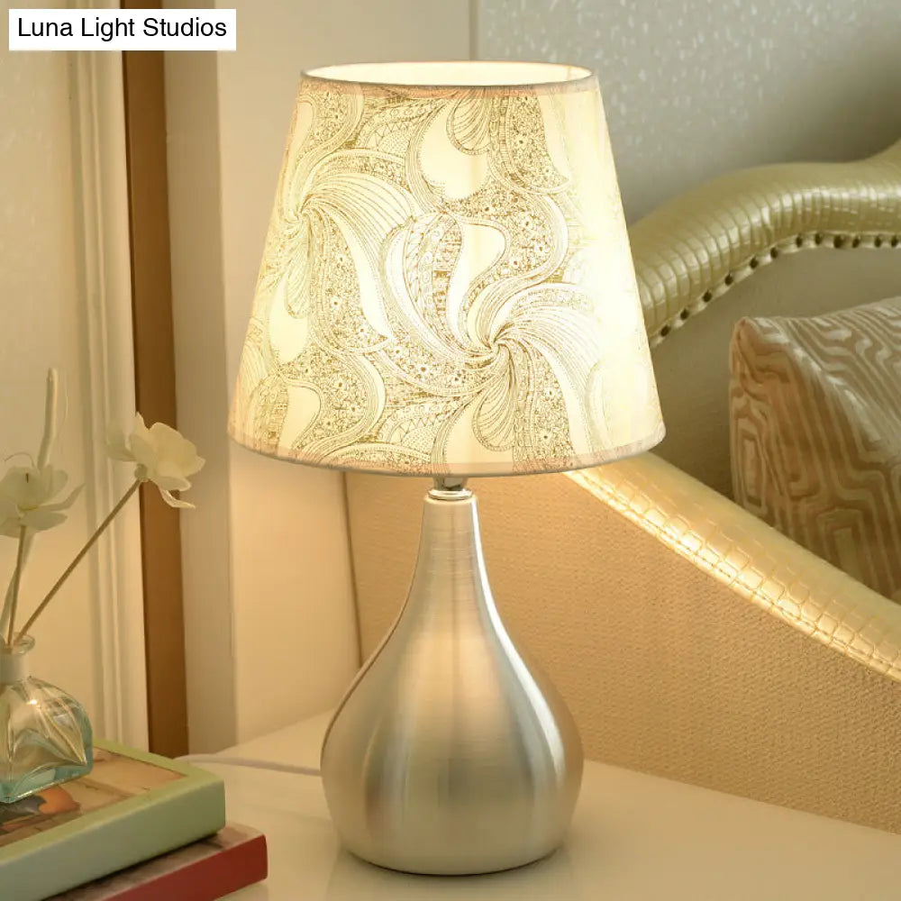 Modern Tapered Table Lamp - Single Nickel Nightstand Light With Stylish Fabric Shade