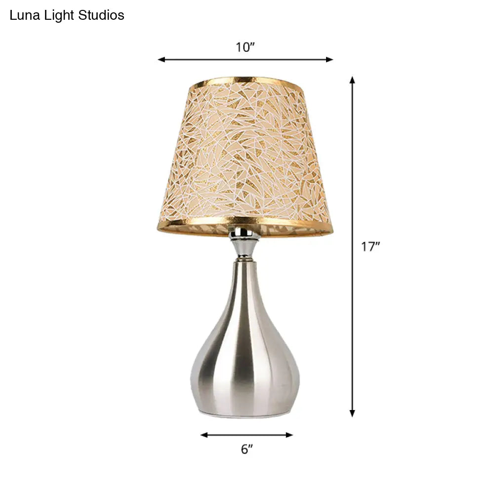 Modern Tapered Table Lamp - Single Nickel Nightstand Light With Stylish Fabric Shade