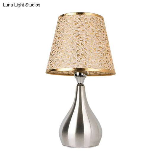 Modern Tapered Table Lamp - Single Nickel Nightstand Light With Stylish Fabric Shade