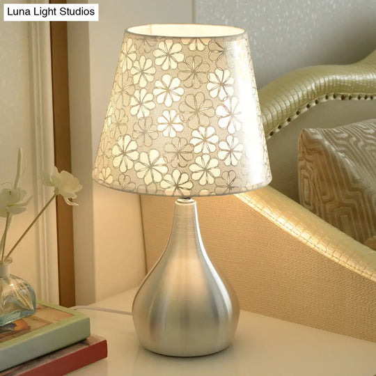 Modern Tapered Table Lamp - Single Nickel Nightstand Light With Stylish Fabric Shade