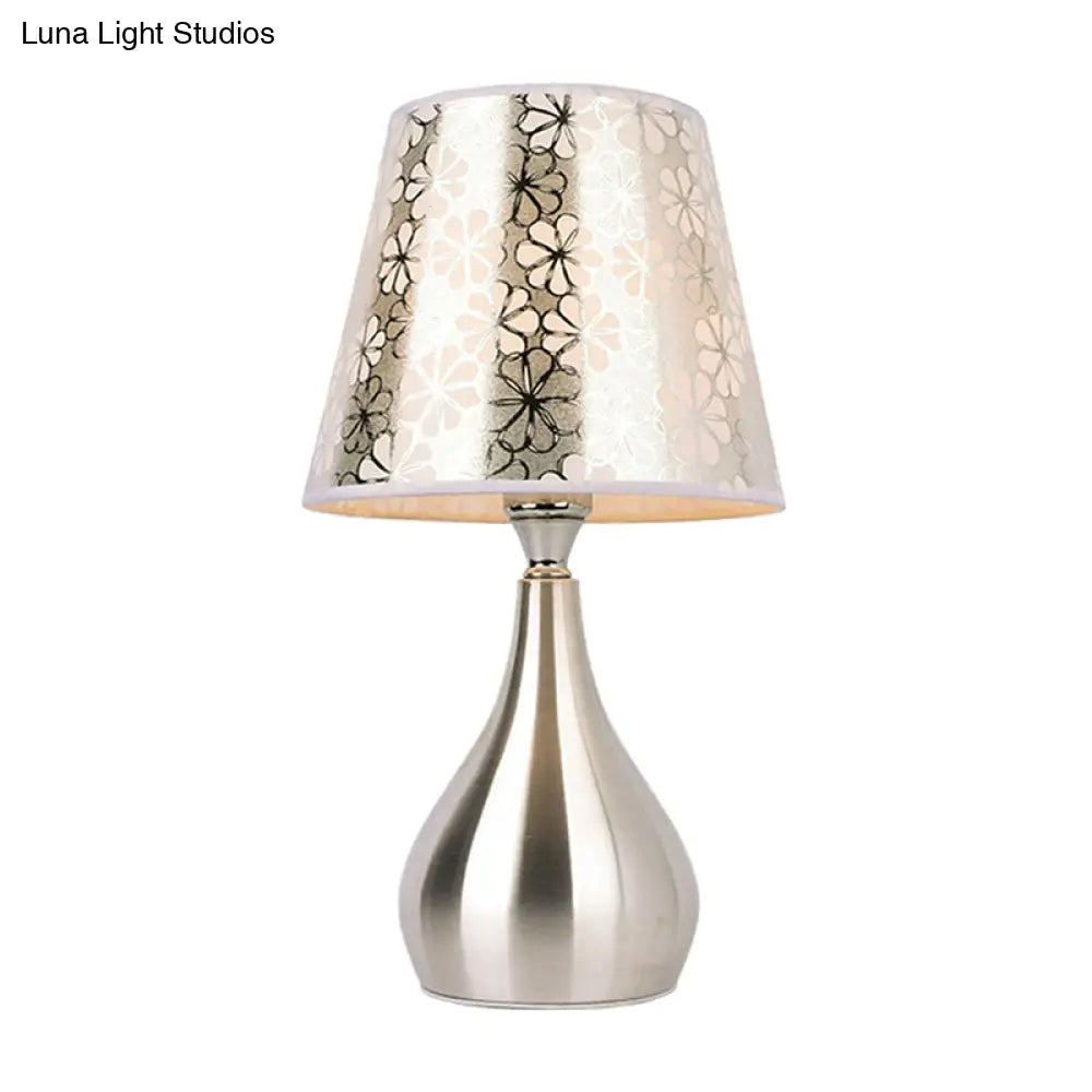 Modern Tapered Table Lamp - Single Nickel Nightstand Light With Stylish Fabric Shade