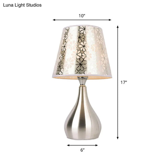 Modern Tapered Table Lamp - Single Nickel Nightstand Light With Stylish Fabric Shade