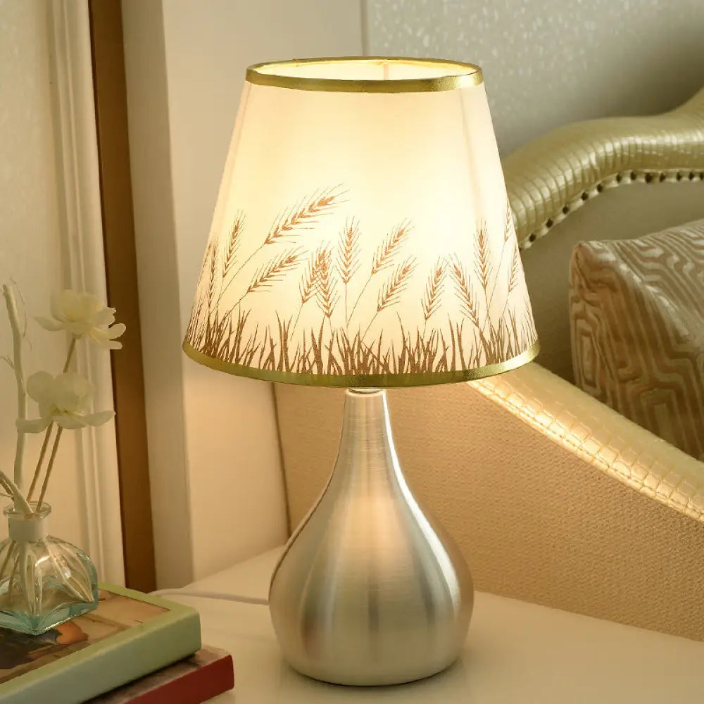 Modern Tapered Table Lamp - Single Nickel Nightstand Light With Stylish Fabric Shade