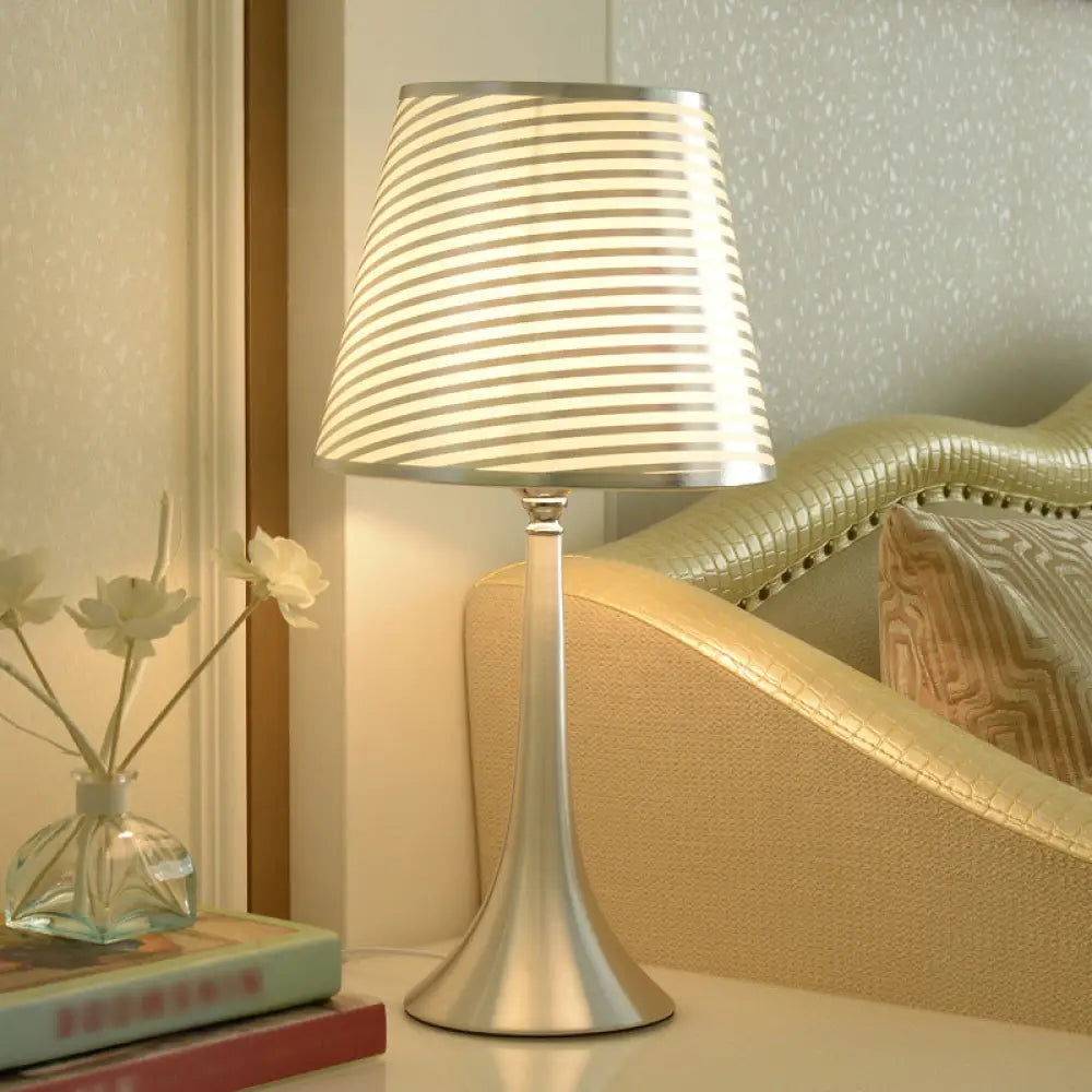 Modern Tapered Table Lamp - Single Nickel Nightstand Light With Stylish Fabric Shade