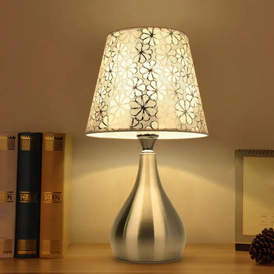 Modern Tapered Table Lamp - Single Nickel Nightstand Light With Stylish Fabric Shade