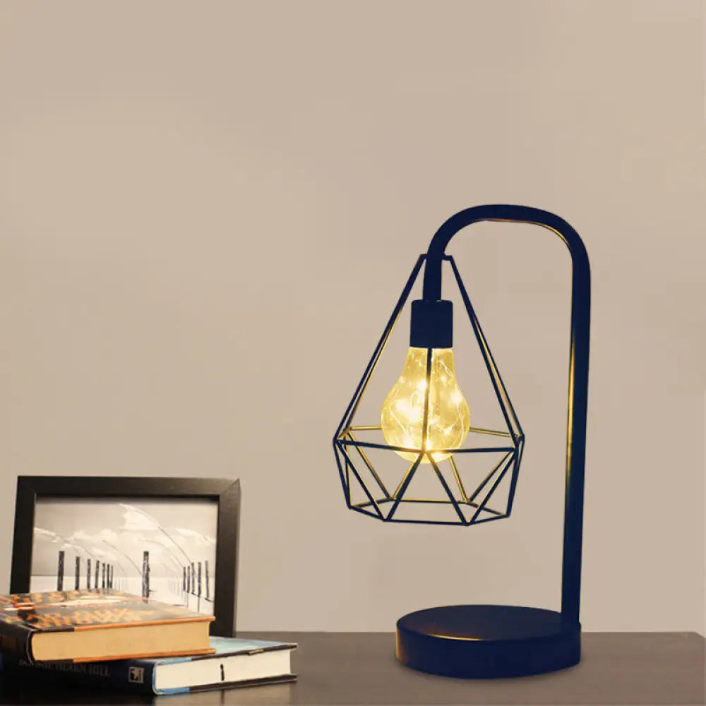 Modern Teardrop/Ball Cage Dangling Plug-In Table Light With Gooseneck Arm - Black Led Nightstand