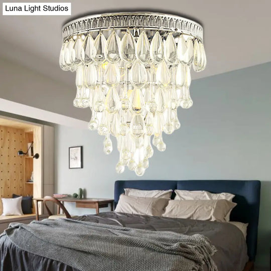 Modern Teardrop Crystal Flush Mount Light With Tiered Design And 4 Chrome Lights For Bedroom Ceiling